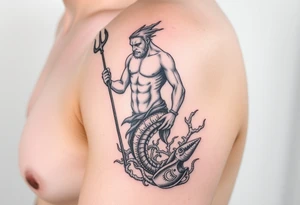 Arm tattoo with a young poseidon showing torso with the trident and lower down sea creatures swirling around him tattoo idea