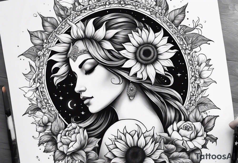 Cancer, moon, sunflower, flowers, fairy, goddess, love, kind, fierce, sun, strong woman, caring, tattoo idea
