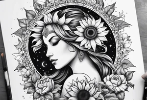 Cancer, moon, sunflower, flowers, fairy, goddess, love, kind, fierce, sun, strong woman, caring, tattoo idea