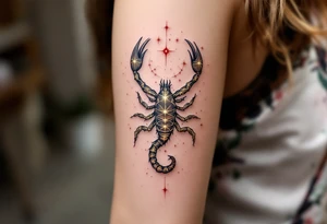 A golden Scorpius star constellation with a scarlet core, Scorpius prowls the zodiac as the guardian of hidden truths. tattoo idea