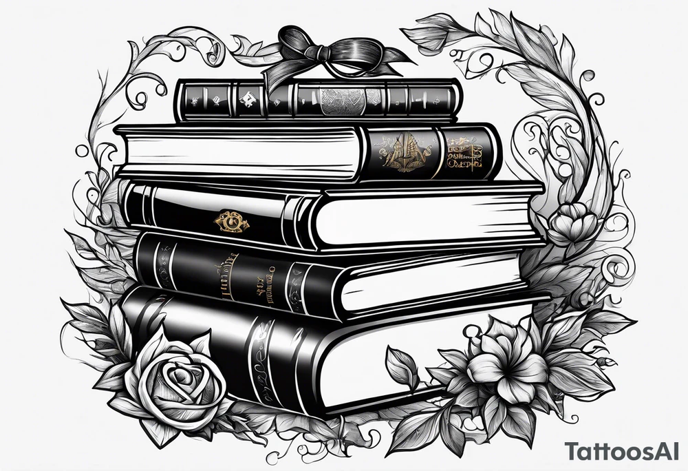 A stack of books surrounded with elements from Harry Potter, hunger games, the hobbit, pride and prejudice, twilight, and lord of the rings tattoo idea