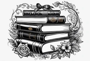 A stack of books surrounded with elements from Harry Potter, hunger games, the hobbit, pride and prejudice, twilight, and lord of the rings tattoo idea