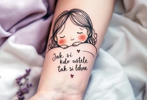 "Jak si kdo ustele, tak si lehne." — A cozy bed drawn in fine black linework, surrounded by delicate lavender accents and the quote on a pillow tag. tattoo idea
