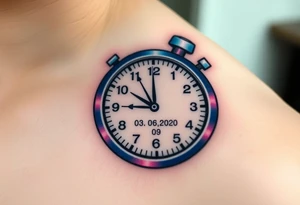 A stopwatch clock, which contains the child’s name "AdamL and birth date "03. 06. 2020", in blue, purple, and silver tattoo idea