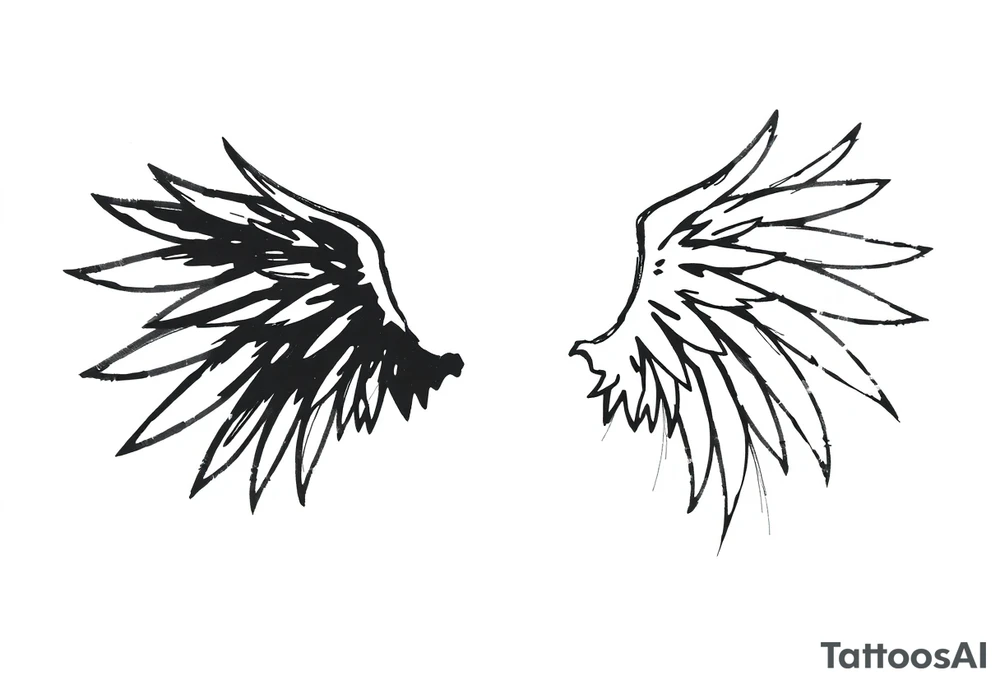 This tattoo design features a pair of asymmetrical angel wings drawn in black ink with a rough, sketch-like style. The left wing is darker, more defined, and appears denser, while the right wing is lighter, more delicate, and fragmented, creating a contrast between the two. The feathers are sharp and irregular, with fine lines and stray strokes extending outward, adding a raw and artistic feel. The overall look is dynamic and slightly chaotic, giving the impression of movement or an unfinished, ethereal form. This design symbolizes duality, freedom, transformation, or even struggle, making it a meaningful and visually striking tattoo. tattoo idea