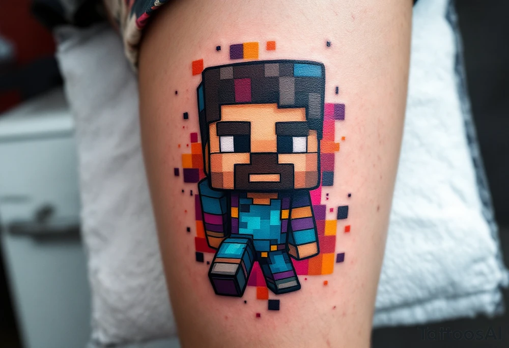 Small Minecraft Steve tattoo 2 inch by 2 inch more vibrant colors more cartoonish tattoo idea