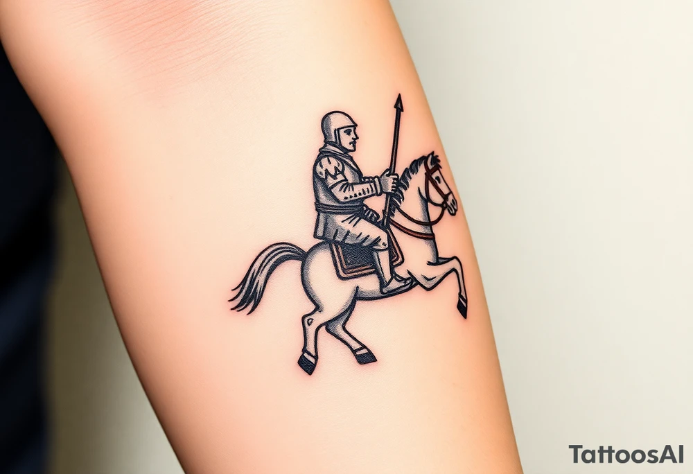 2d medieval woodcut knight on a childs hobby horse toy tattoo idea