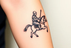 2d medieval woodcut knight on a childs hobby horse toy tattoo idea