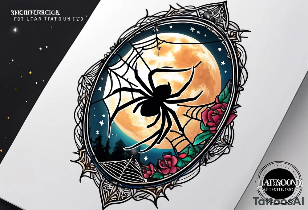 spider shooting web with his back connecting to  under moon not inside the moon tattoo idea