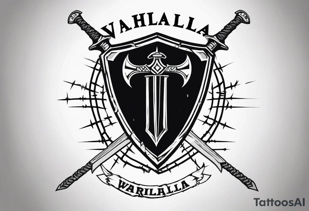 Valhalla shield sword axe barbed wire tattoo idea