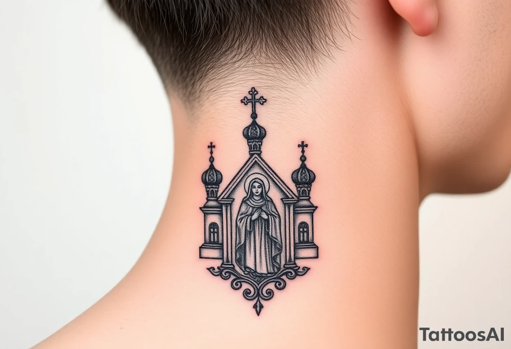 medium traditional russian orthodox church with russian coat arms and virgin mary on the side of your neck tattoo idea