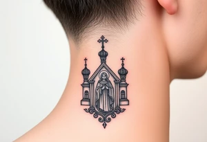 medium traditional russian orthodox church with russian coat arms and virgin mary on the side of your neck tattoo idea
