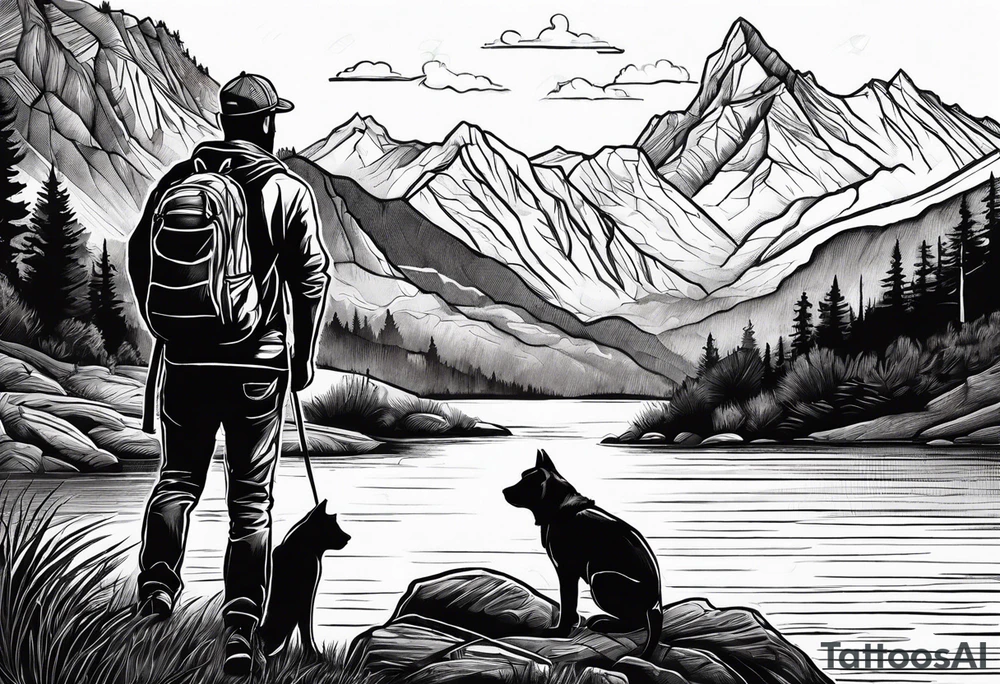 nature, sunset, mountains, a father and son hiking with their dog and cat by the water and a cross tattoo idea