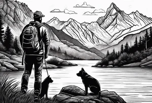 nature, sunset, mountains, a father and son hiking with their dog and cat by the water and a cross tattoo idea