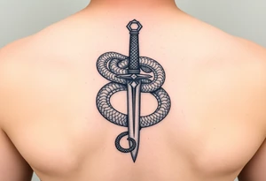 mystical snake coiled around an ancient dagger with jeweled hilt tattoo idea