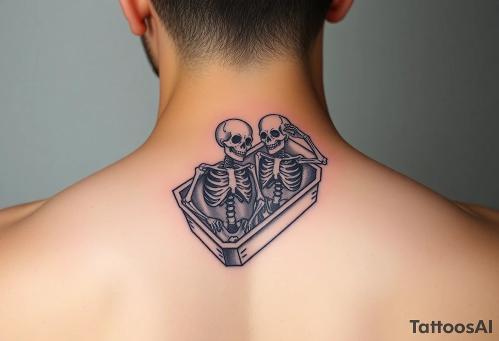 2 skeletons in a coffin together in a traditional style tattoo idea