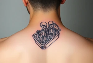 2 skeletons in a coffin together in a traditional style tattoo idea