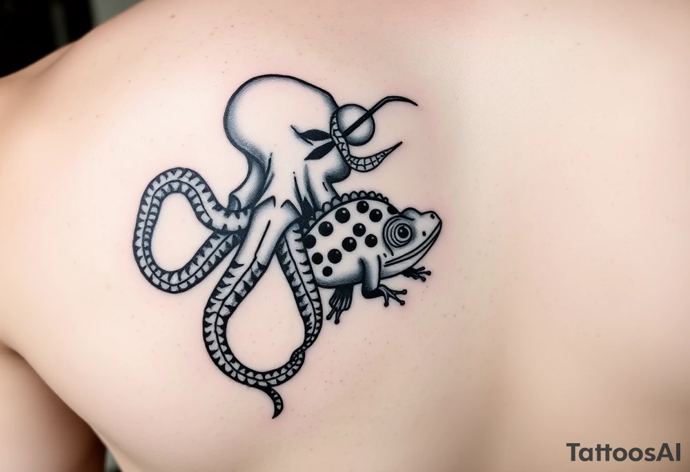 octopus, poison dart frog, pufferfish on right butt cheek tattoo idea