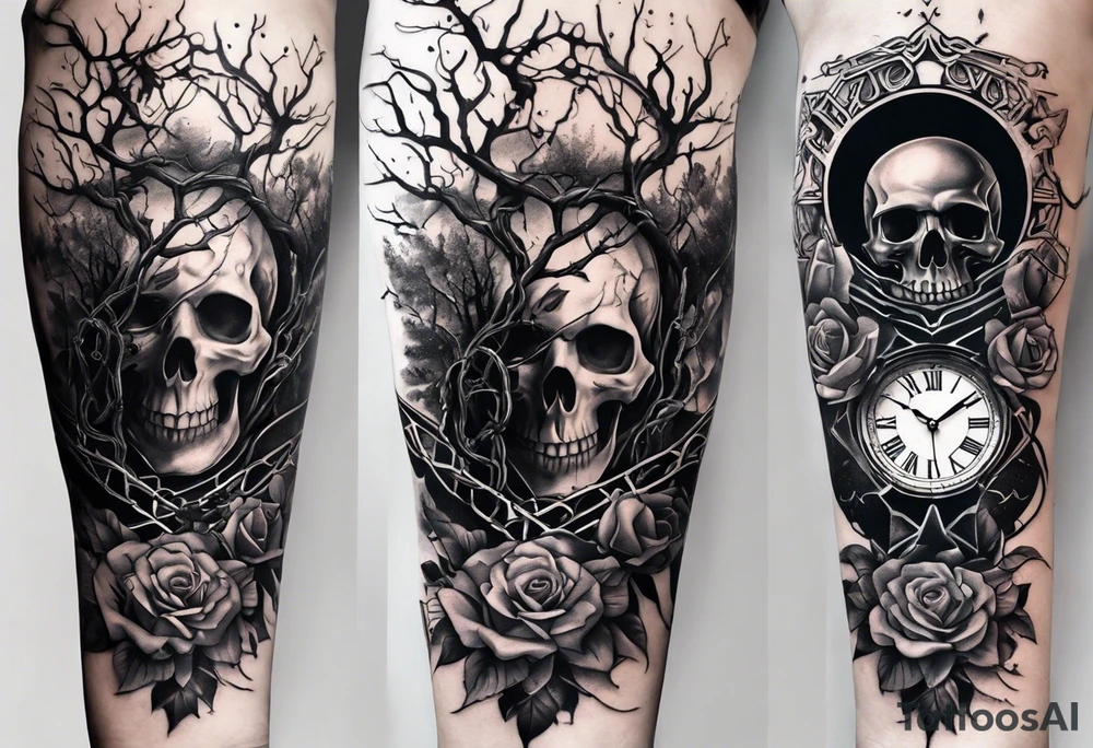 tattoo fool sleeve, tree roots break out of the chains at the bottom of the hand, broken mask, Clock with flying numbers, girl, skull, roses, less shadows tattoo idea