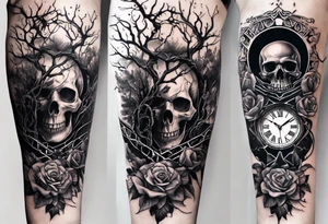 tattoo fool sleeve, tree roots break out of the chains at the bottom of the hand, broken mask, Clock with flying numbers, girl, skull, roses, less shadows tattoo idea