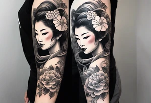 High contrast black and grey Japanese full arm tattoo, geisha on upper arm and snake with flowers going down the forearm imagine tattoo idea