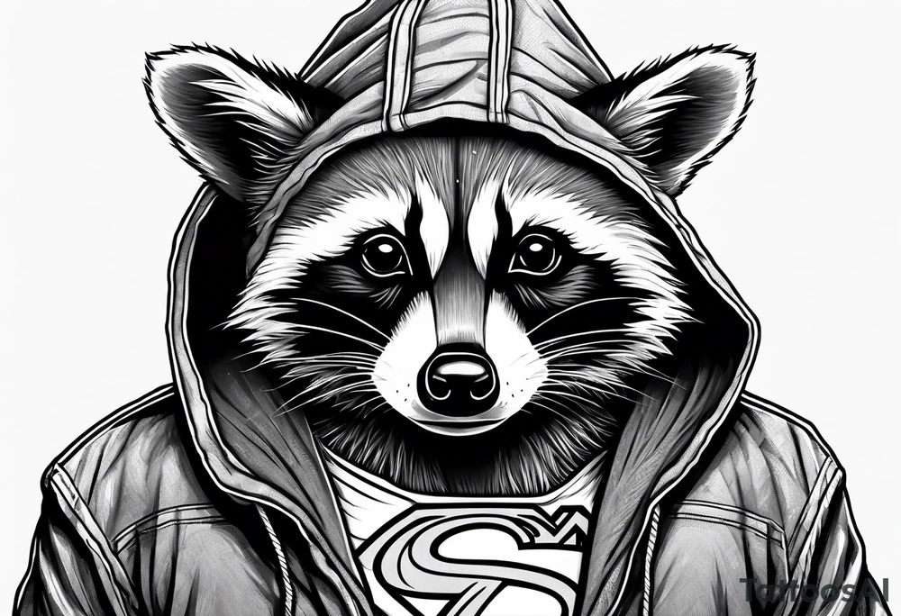 raccoon wearing a Superman hoodie tattoo idea