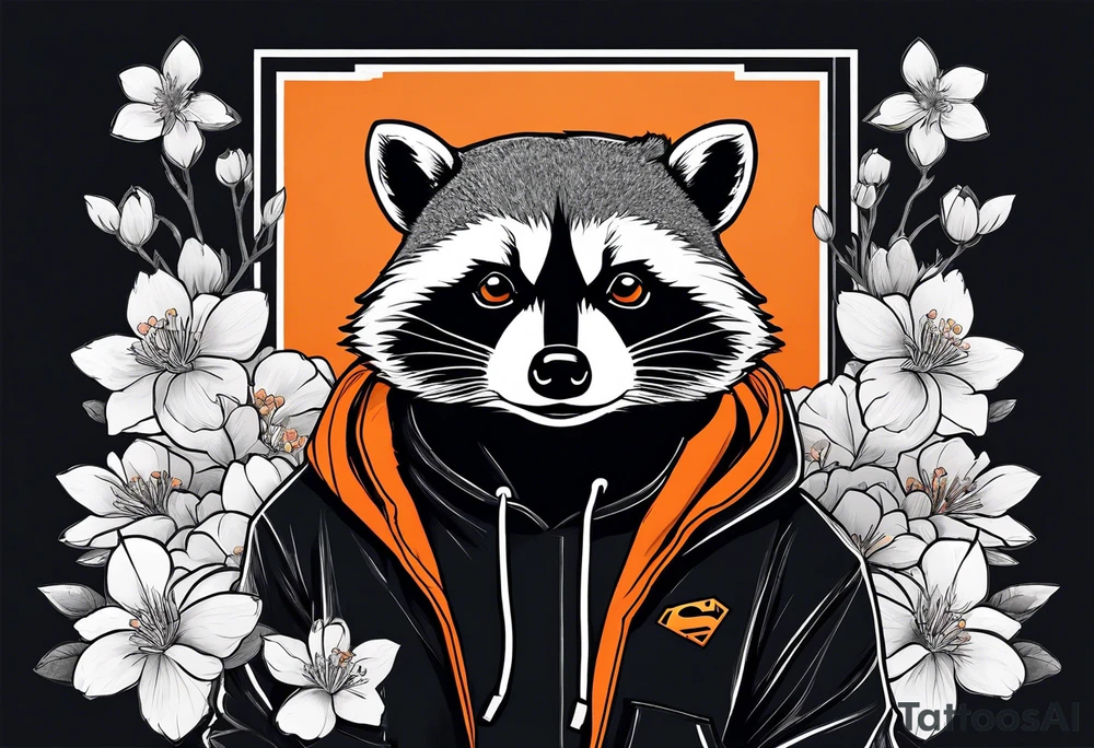 Raccoon wearing a white Superman logo on a black hoodie and orange Japanese cherry blossoms beside tattoo idea