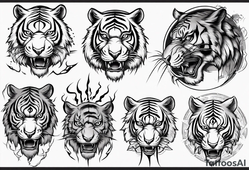 Ancient tiger with lightning and a sun for a forearm sleeve tattoo idea