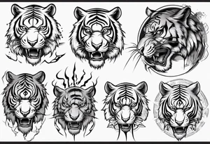 Ancient tiger with lightning and a sun for a forearm sleeve tattoo idea