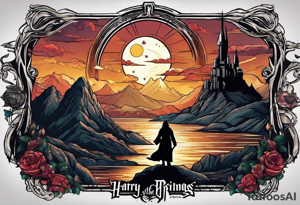 Star wars light saber, lord of the rings fellowship, and Harry potter with Harry Hermione and Ron.  In one tattoo idea