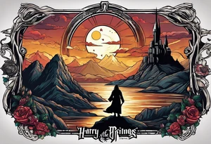 Star wars light saber, lord of the rings fellowship, and Harry potter with Harry Hermione and Ron.  In one tattoo idea