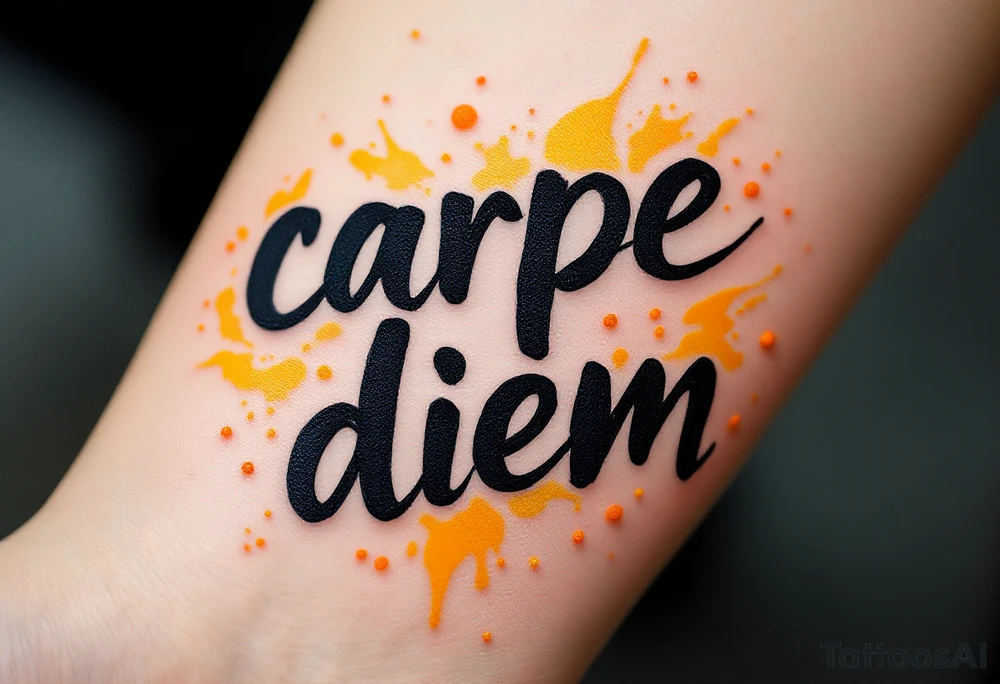 Bold brush-painted black text "carpe diem", surrounded by splashes of golden yellow and orange like a sunrise. tattoo idea