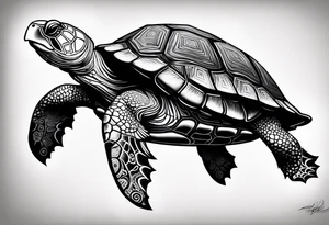 A serene turtle swimming underwater, detailed shell patterns visible, symbolizing patience and longevity.” tattoo idea