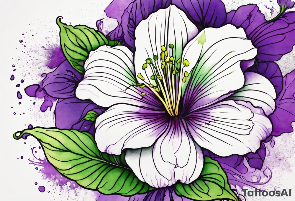 A mystical outline of a rio dipladenia flower with green/purple pedals and a green/purple watercolor splash in the background tattoo idea