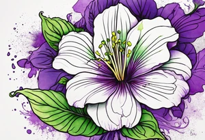 A mystical outline of a rio dipladenia flower with green/purple pedals and a green/purple watercolor splash in the background tattoo idea