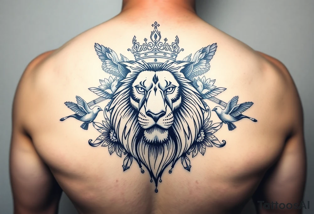 powerful majestic lion with a crown, surrounded by floral ornaments and birds tattoo idea