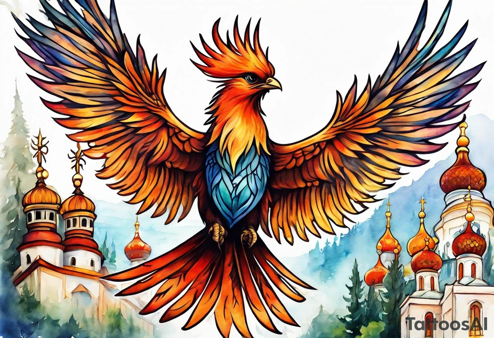 russian firebird in-flight with fancy tail and small onion cap monastery towers in background tattoo idea