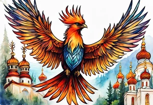 russian firebird in-flight with fancy tail and small onion cap monastery towers in background tattoo idea