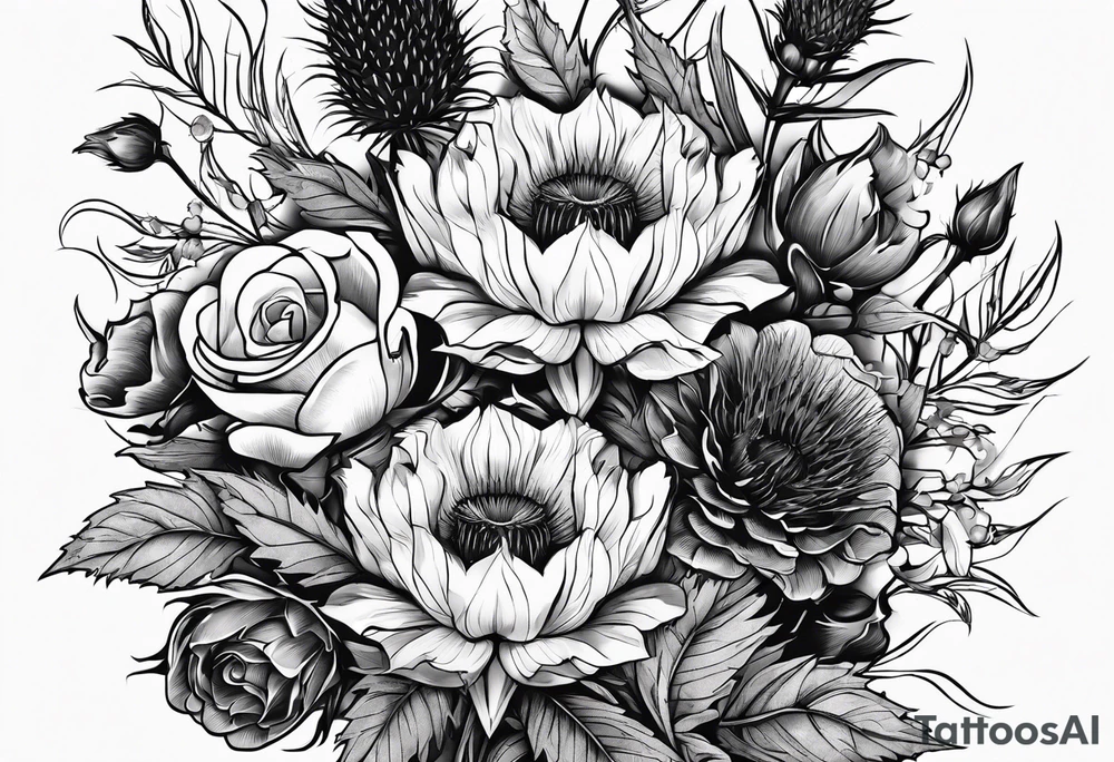 wildflowe bouquet including thistle with the lyricas "And I won't let me insecurities define who I am" around it tattoo idea