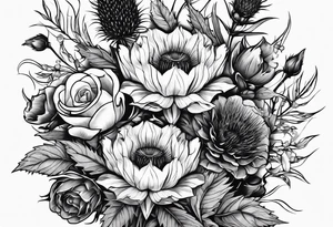 wildflowe bouquet including thistle with the lyricas "And I won't let me insecurities define who I am" around it tattoo idea
