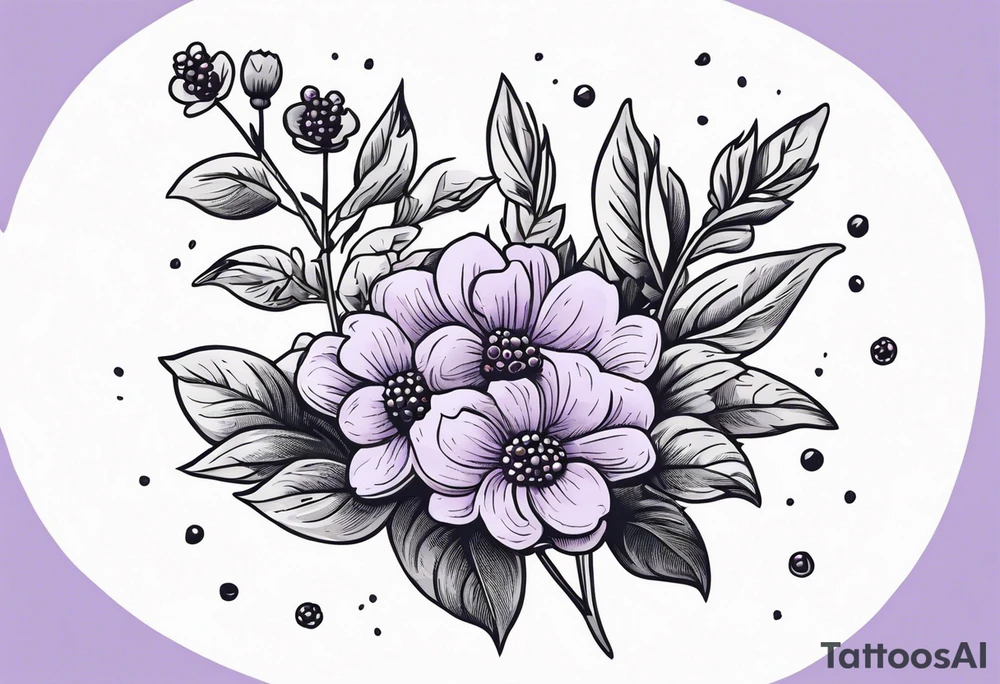 lavender flowers, with blackberry berries. symbol of the ocean and sky in the background. tattoo idea