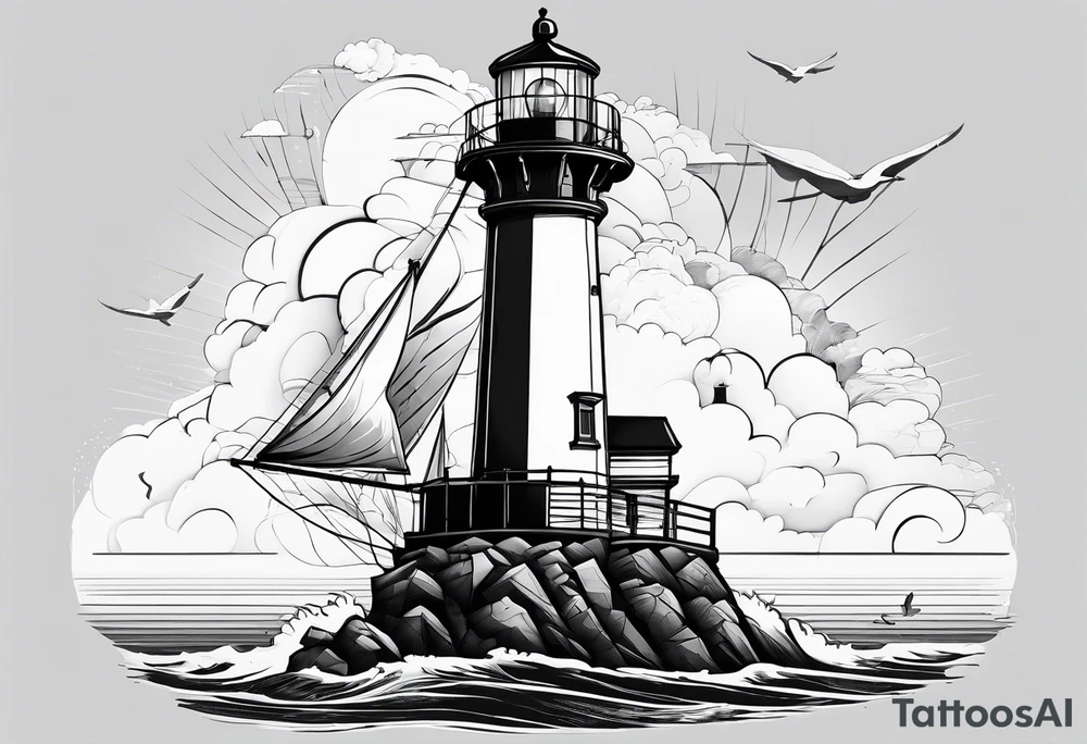 maritime lighthouse partially hidden by its  large fixed sails. tattoo idea
