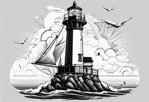 maritime lighthouse partially hidden by its  large fixed sails. tattoo idea