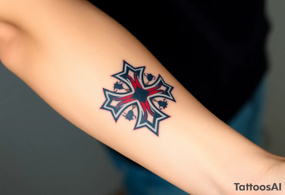 A bold black and red Maltese cross with silver outlines, tattoo idea