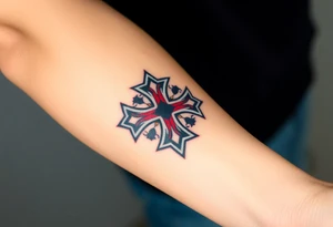 A bold black and red Maltese cross with silver outlines, tattoo idea