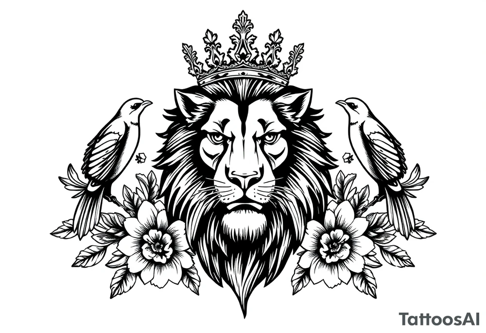 powerful majestic lion with a crown, surrounded by floral ornaments and birds tattoo idea