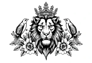 powerful majestic lion with a crown, surrounded by floral ornaments and birds tattoo idea
