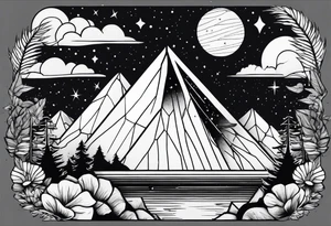 thick line art of space and nature in triangle tattoo idea