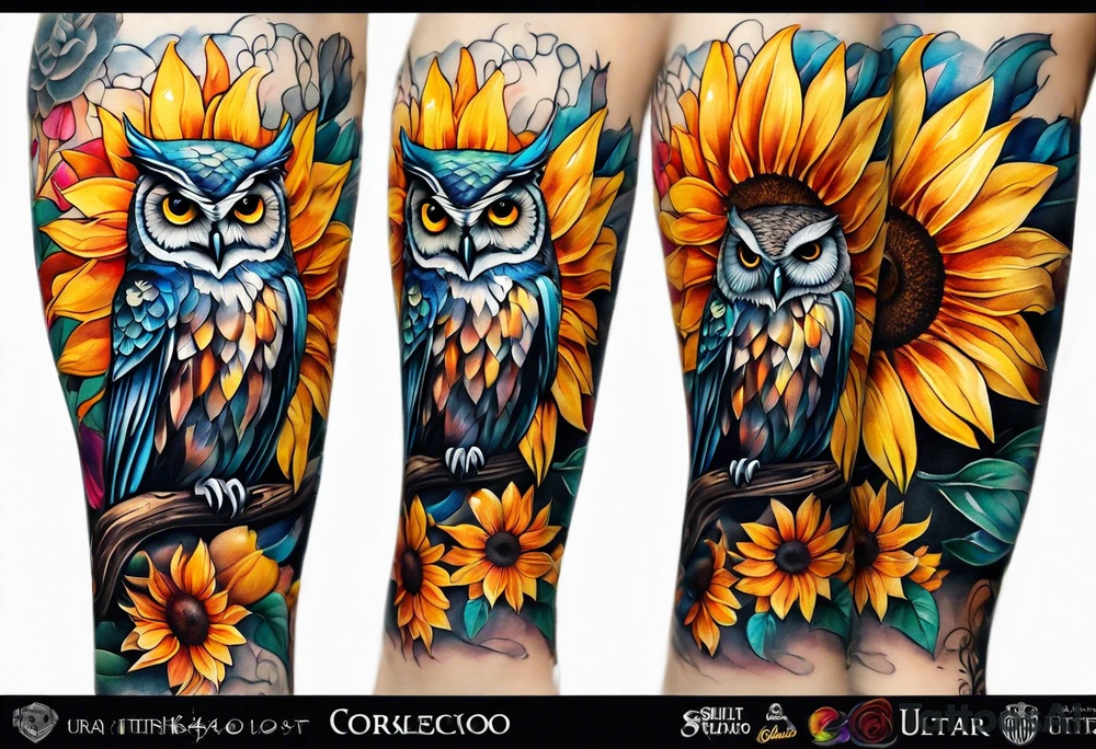 Arm sleeve with colorful sunflowers and an owl tattoo idea