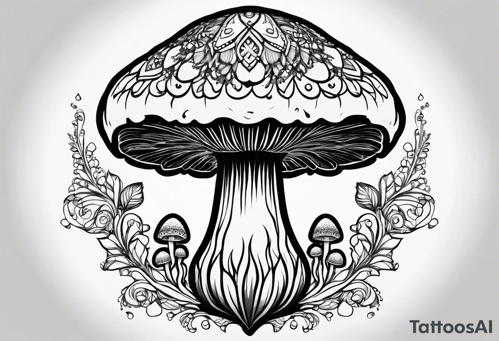 Large Shaggy cap mushroom dripping ink off cap with 4 smaller mushrooms around it mandala henna black tattoo design tattoo idea